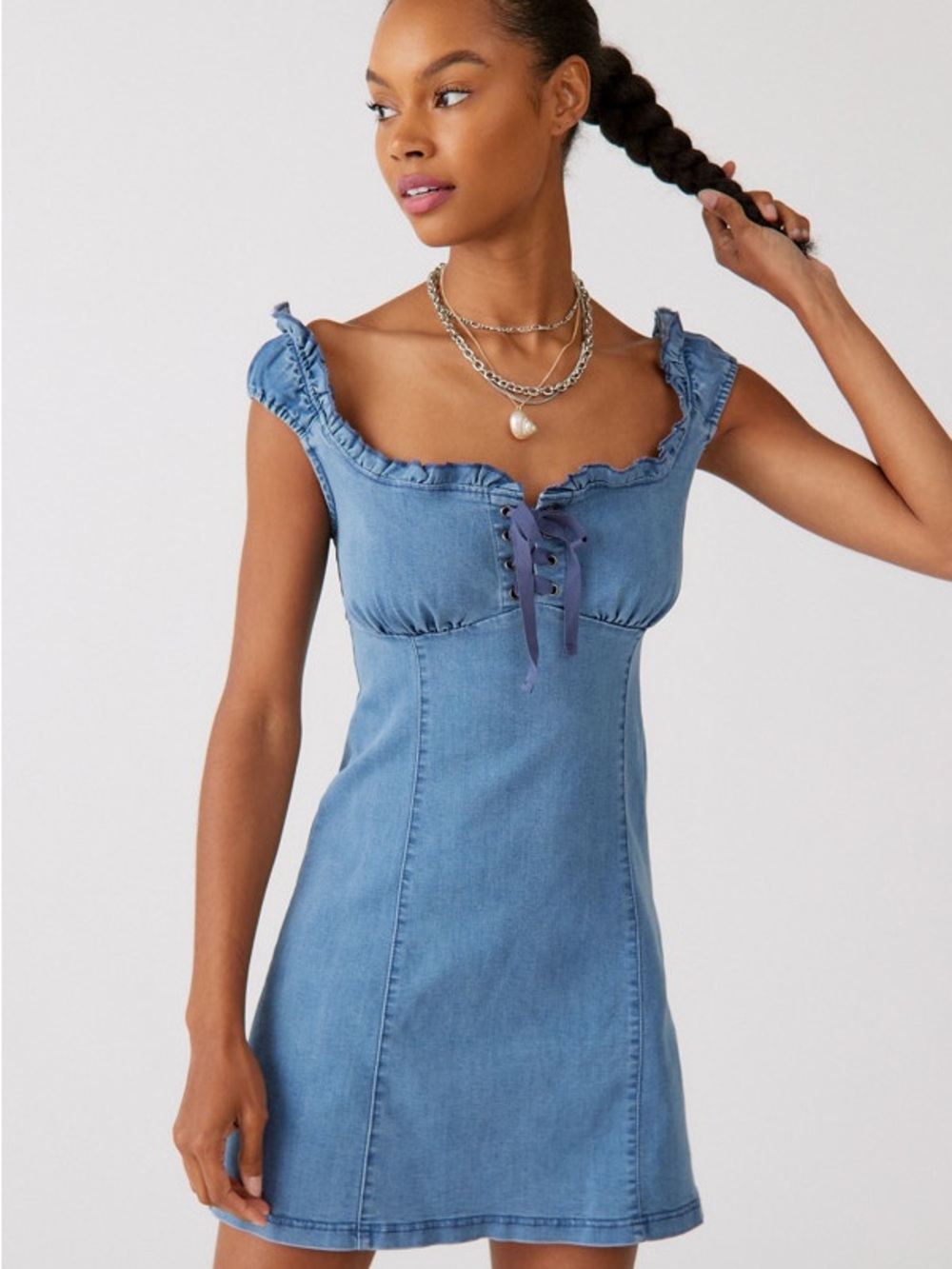 NWT Urban Outfitter Nayda Denim Ruffle Mini Dress